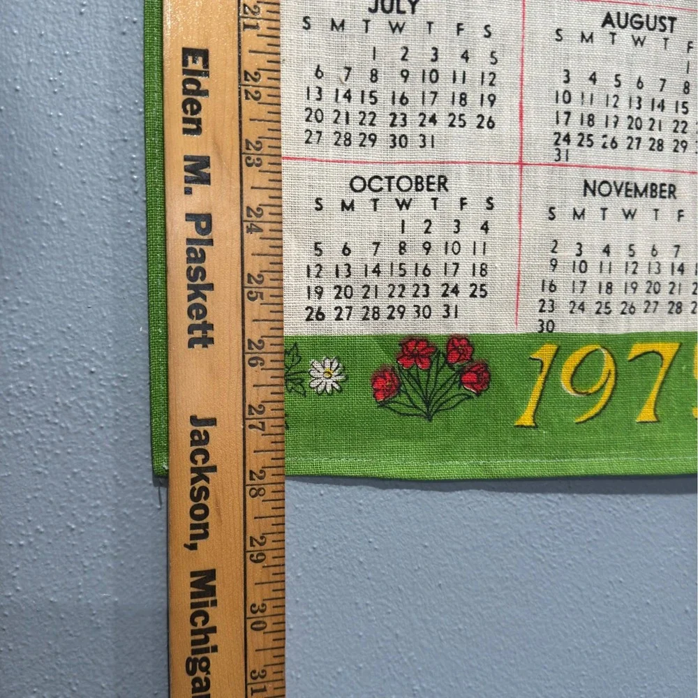 Vtg 1975 Linen Calendar Tea Towel Wall Hanging Green Folk Art Bless This House